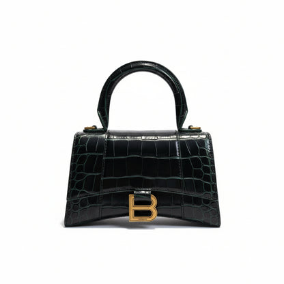 【#155】Pre-owned BALENCIAGA Hourglass XS Dark Green Crocodile-Embossed Leather Gold Hardware Shoulder Bag HZ260131&&
