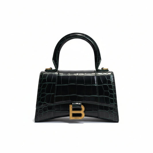 【#155】Pre-owned BALENCIAGA Hourglass XS Dark Green Crocodile-Embossed Leather Gold Hardware Shoulder Bag HZ260131&&