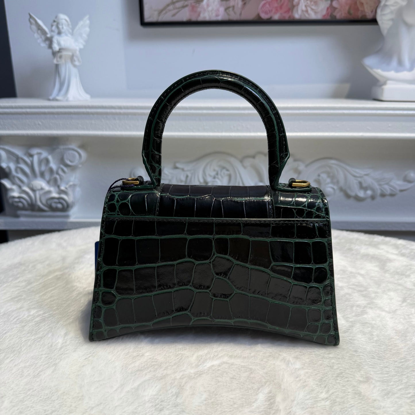 【#155】Pre-owned BALENCIAGA Hourglass XS Dark Green Crocodile-Embossed Leather Gold Hardware Shoulder Bag HZ260131&&