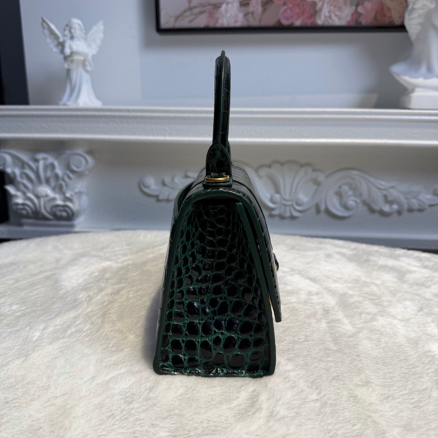 【#155】Pre-owned BALENCIAGA Hourglass XS Dark Green Crocodile-Embossed Leather Gold Hardware Shoulder Bag HZ260131&&