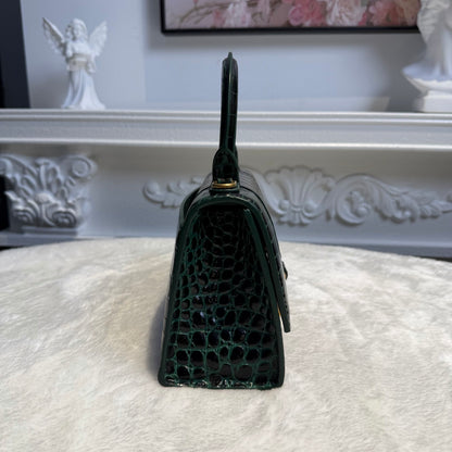 【#155】Pre-owned BALENCIAGA Hourglass XS Dark Green Crocodile-Embossed Leather Gold Hardware Shoulder Bag HZ260131&&