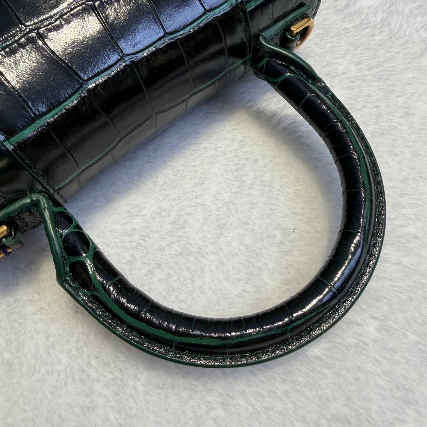 【#155】Pre-owned BALENCIAGA Hourglass XS Dark Green Crocodile-Embossed Leather Gold Hardware Shoulder Bag HZ260131&&