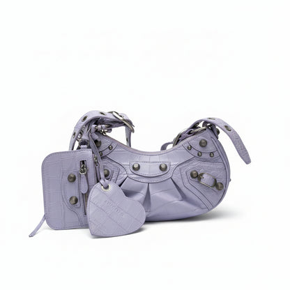 【#157】Pre-owned BALENCIAGA Le Cagole XS Light Purple Croc-Embossed Leather Distressed Silver Hardware Crossbody bag HZ251219&&