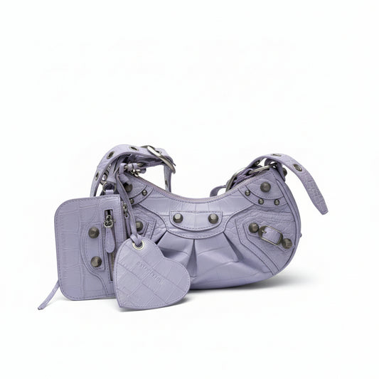 【#157】Pre-owned BALENCIAGA Le Cagole XS Light Purple Croc-Embossed Leather Distressed Silver Hardware Crossbody bag HZ251219&&