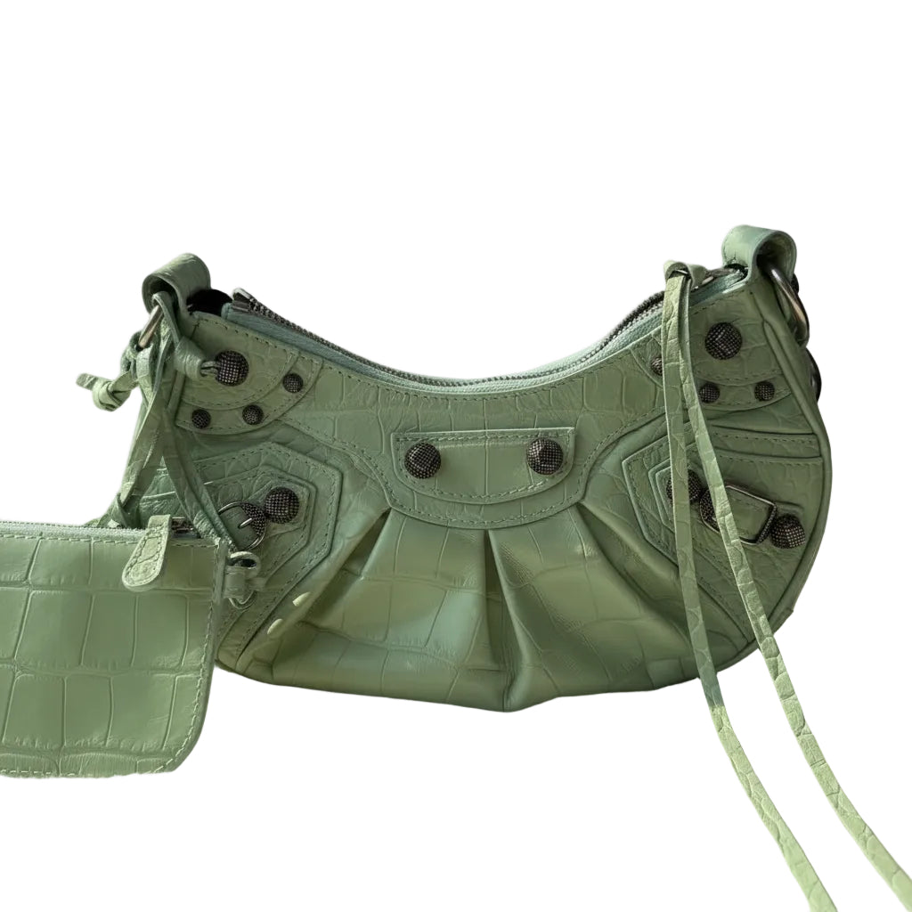 【#158】Pre-owned BALENCIAGA Le Cagole XS Light Blue Croc-Embossed Leather Distressed Silver Hardware Crossbody Bag HZ251218&&