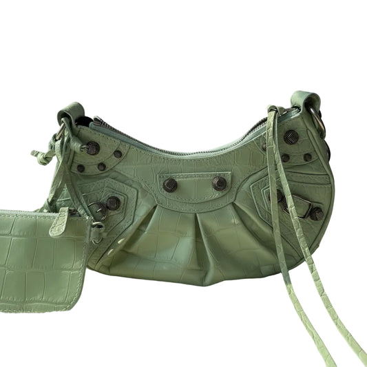 【#158】Pre-owned BALENCIAGA Le Cagole XS Light Blue Croc-Embossed Leather Distressed Silver Hardware Crossbody Bag HZ251218&&