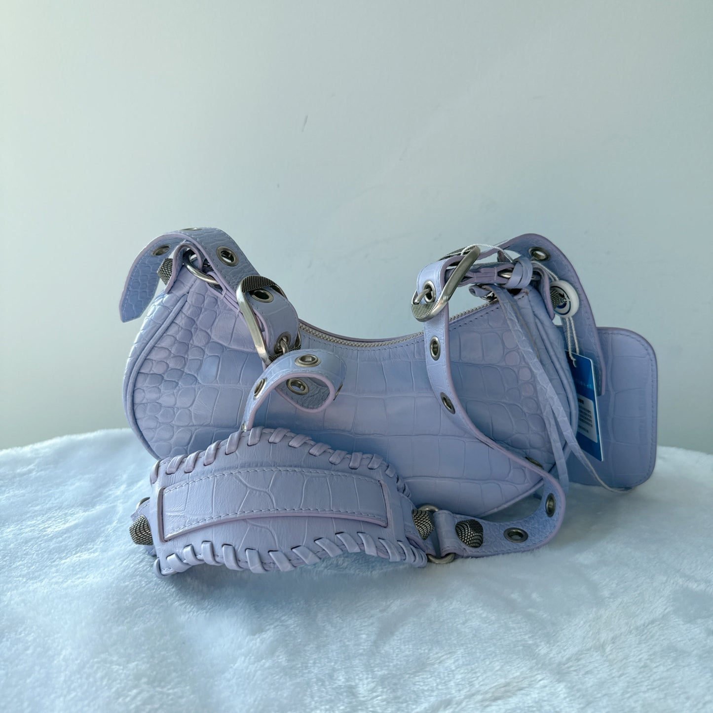 【#157】Pre-owned BALENCIAGA Le Cagole XS Light Purple Croc-Embossed Leather Distressed Silver Hardware Crossbody bag HZ251219&&