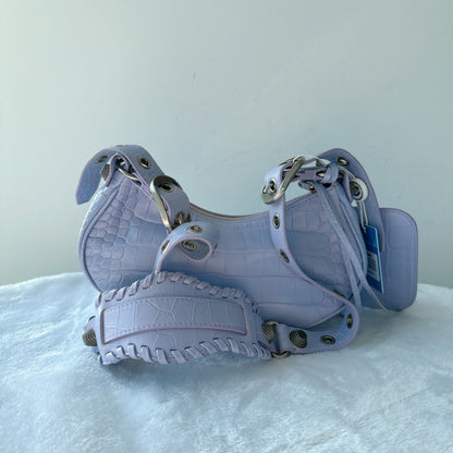 【#157】Pre-owned BALENCIAGA Le Cagole XS Light Purple Croc-Embossed Leather Distressed Silver Hardware Crossbody bag HZ251219&&