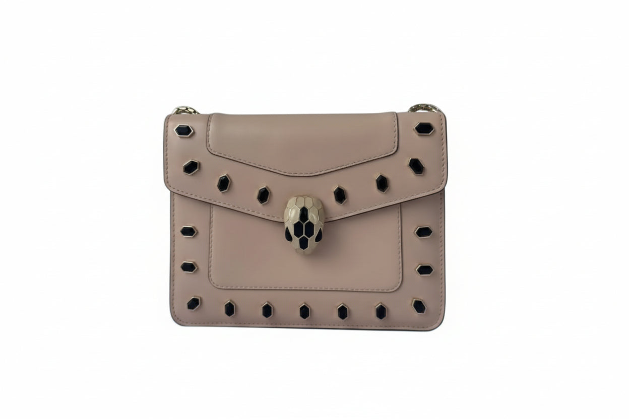 【#003】Pre-owned BVLGARI Serpenti Forever Small Beige Smooth Calfskin Studded Shoulder Bag HZ2511010&&