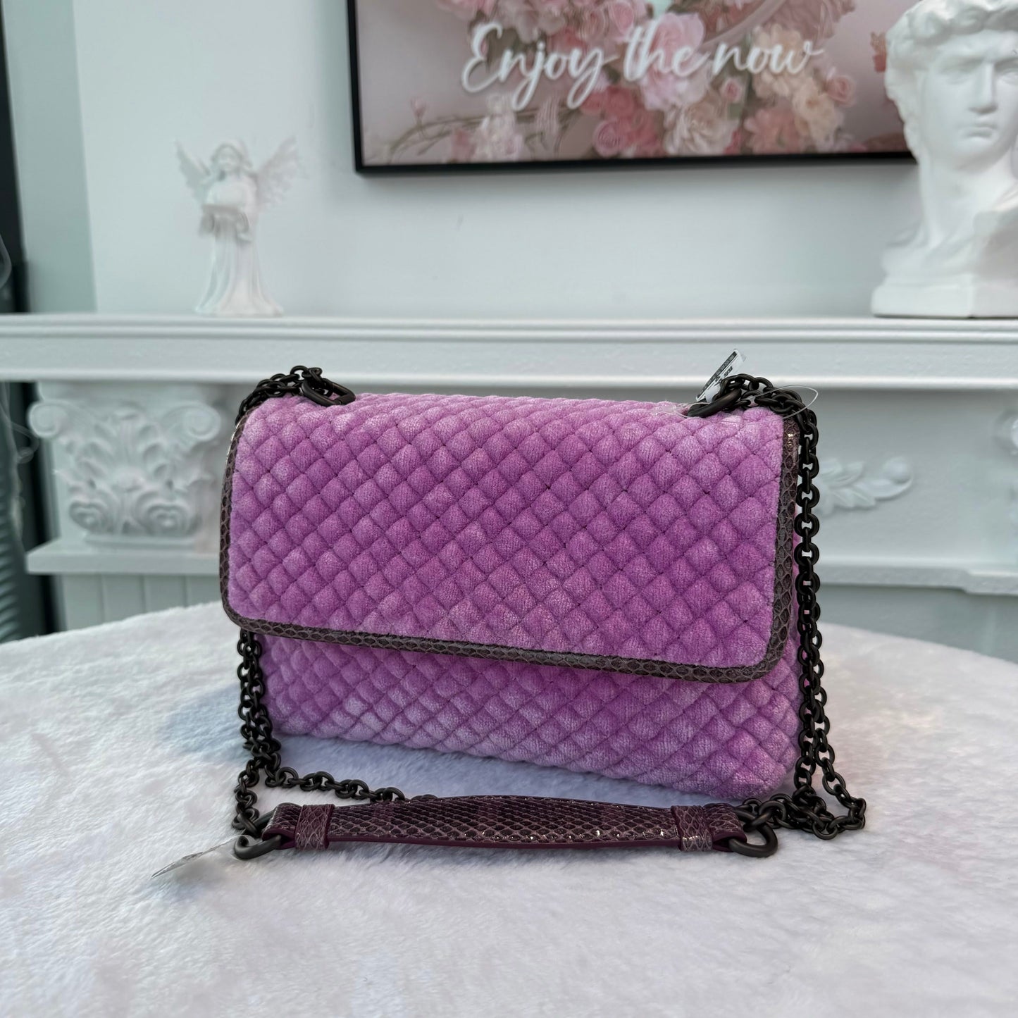 【#279】Pre-owned Bottega Veneta Medium Chain Bag Quilted Velvet in Lilac Purple with Dark Gunmetal Hardware