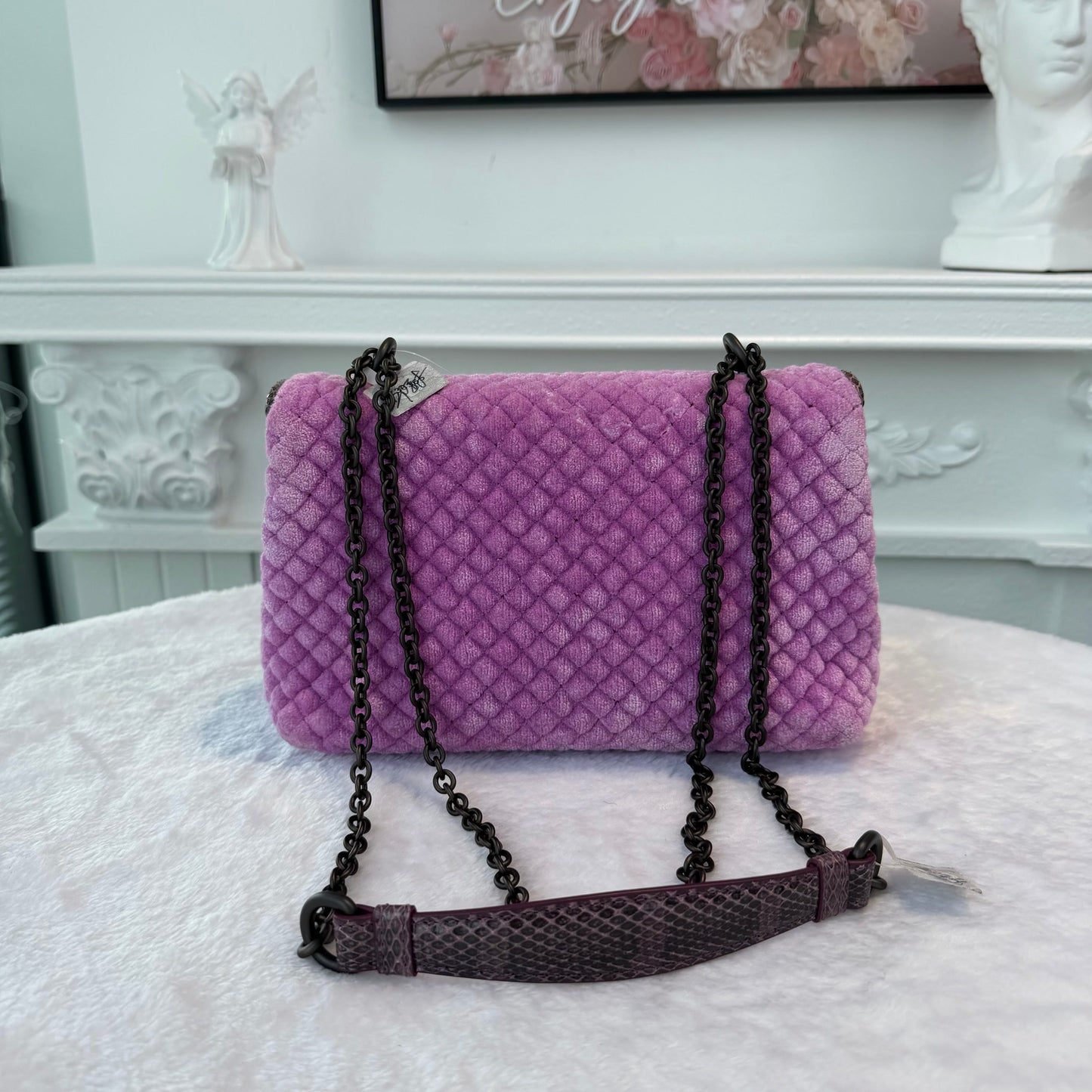 【#279】Pre-owned Bottega Veneta Medium Chain Bag Quilted Velvet in Lilac Purple with Dark Gunmetal Hardware