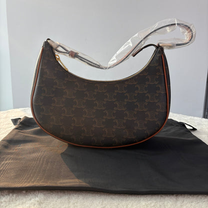 【#221】Pre-owned Celine Medium Ava Bag Triomphe Canvas & Tan Calfskin Leather