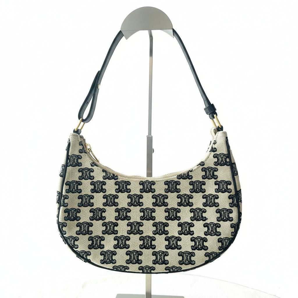 【#225】Pre-owned Celine Medium Ava Bag Triomphe Textile & Black Calfskin Leather