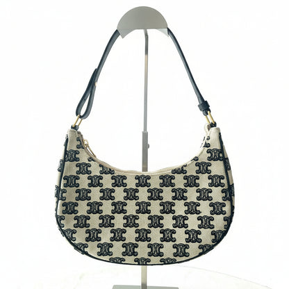 【#225】Pre-owned Celine Medium Ava Bag Triomphe Textile & Black Calfskin Leather