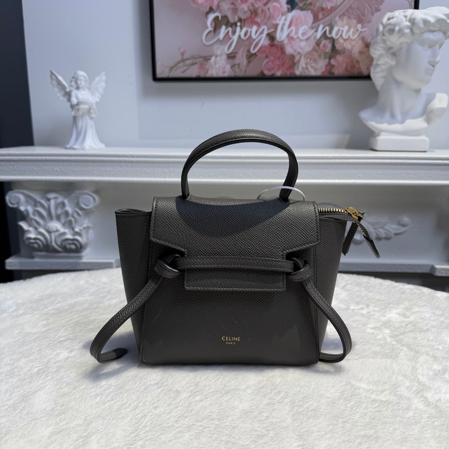【#216】Pre-owned Celine Mini Belt Bag Dark Grey Grained Calfskin Leather