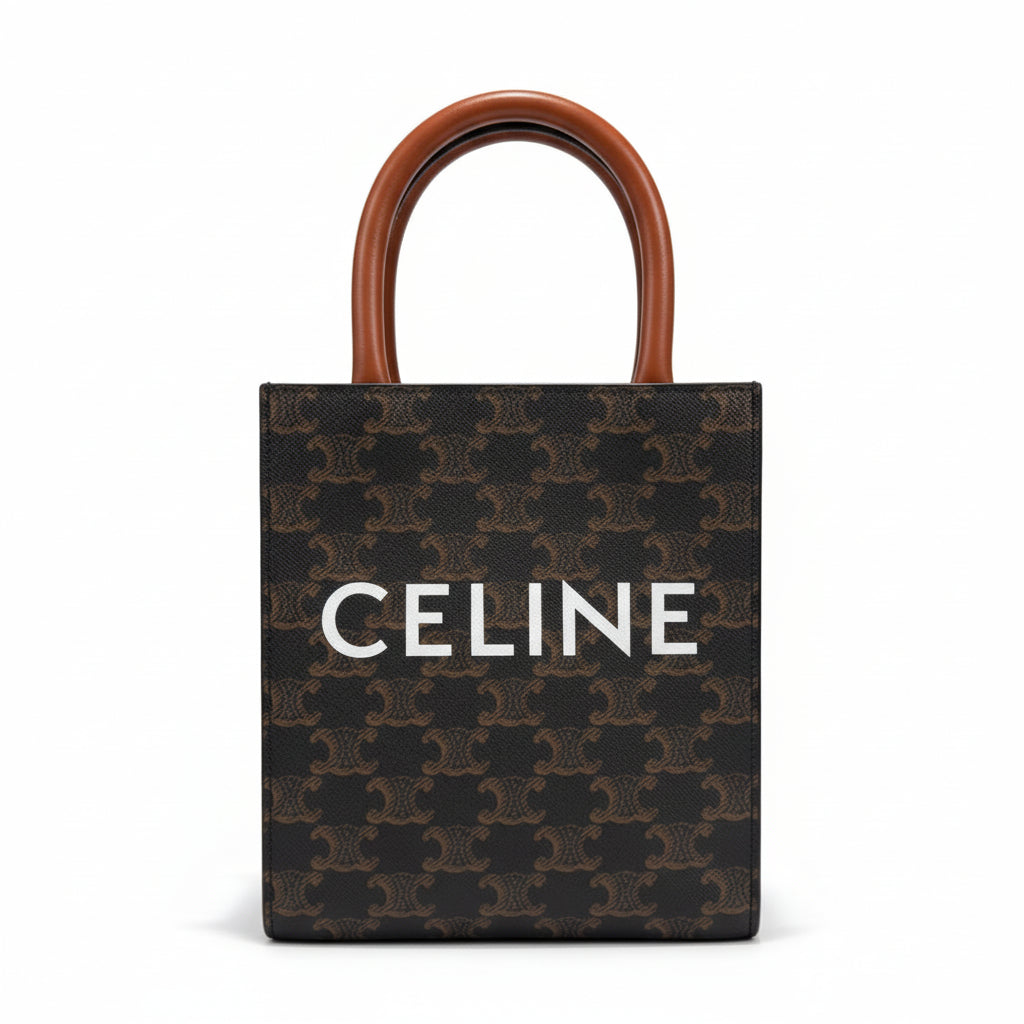 【#222】Pre-owned Celine Mini Vertical Cabas Bag Triomphe Canvas & Tan Calfskin Leather