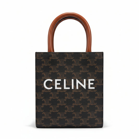 【#222】Pre-owned Celine Mini Vertical Cabas Bag Triomphe Canvas & Tan Calfskin Leather