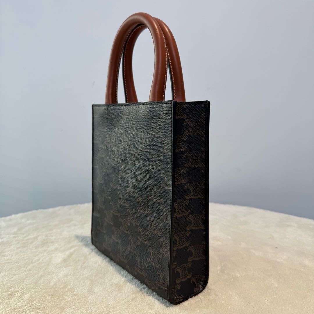 【#222】Pre-owned Celine Mini Vertical Cabas Bag Triomphe Canvas & Tan Calfskin Leather