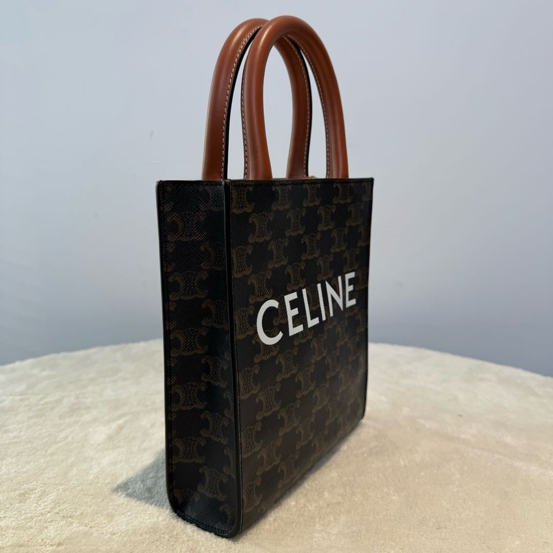 【#222】Pre-owned Celine Mini Vertical Cabas Bag Triomphe Canvas & Tan Calfskin Leather