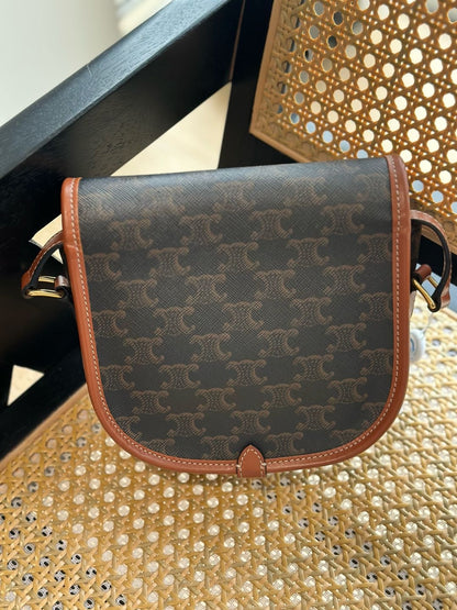 【#230】Pre-owned Celine Medium Folco Bag Triomphe Canvas & Tan Calfskin Leather