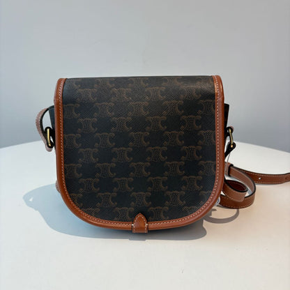 【#230】Pre-owned Celine Medium Folco Bag Triomphe Canvas & Tan Calfskin Leather