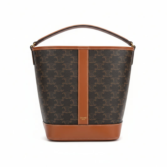 【#218】Pre-owned Celine Small Bucket Bag Triomphe Canvas & Tan Calfskin Leather