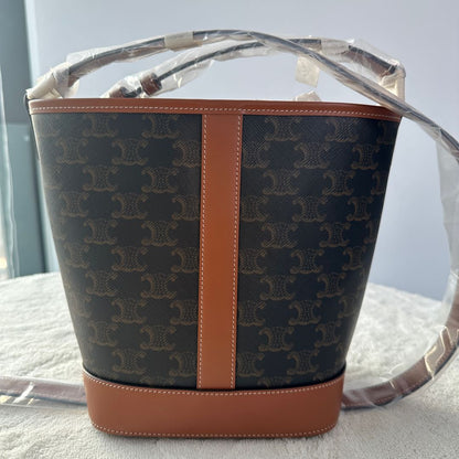 【#218】Pre-owned Celine Small Bucket Bag Triomphe Canvas & Tan Calfskin Leather
