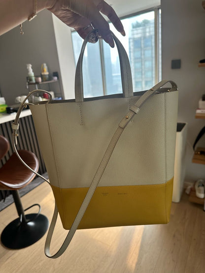 【#229】Pre-owned Celine Vertical Cabas Small Bag Light Grey & Mustard Yellow Grained Calfskin Leather