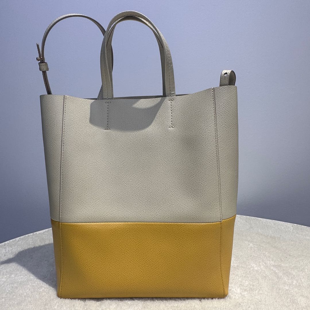 【#229】Pre-owned Celine Vertical Cabas Small Bag Light Grey & Mustard Yellow Grained Calfskin Leather