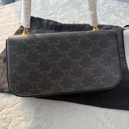 【#220】Pre-owned Celine Triomphe Medium Shoulder Bag Triomphe Canvas & Tan Calfskin Leather
