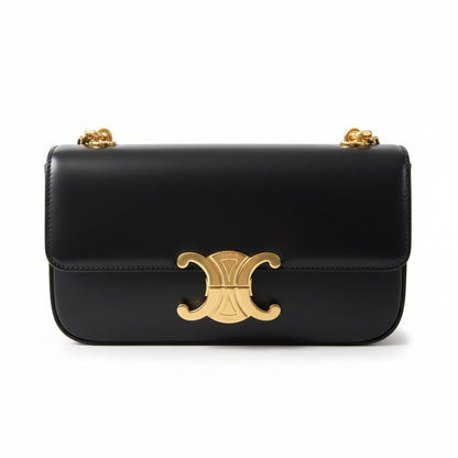 【#219】Pre-owned Celine Triomphe Medium Shoulder Bag Black Shiny Calfskin Leather
