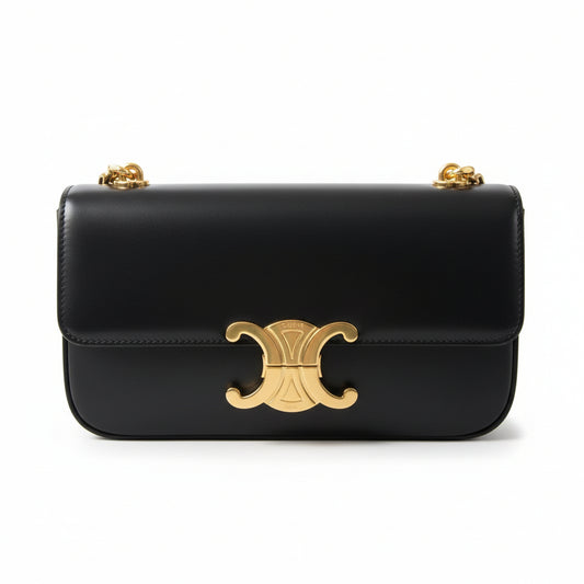 【#219】Pre-owned Celine Triomphe Medium Shoulder Bag Black Shiny Calfskin Leather