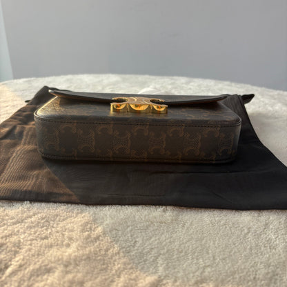 【#220】Pre-owned Celine Triomphe Medium Shoulder Bag Triomphe Canvas & Tan Calfskin Leather