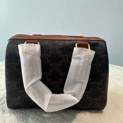【#224】Pre-owned Celine Small Boston Bag Triomphe Canvas & Tan Calfskin Leather
