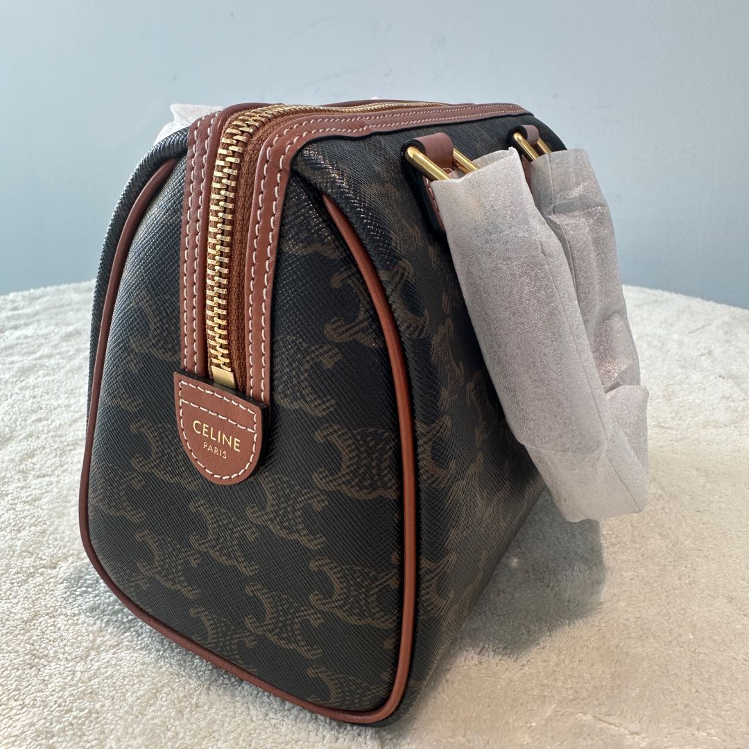 【#224】Pre-owned Celine Small Boston Bag Triomphe Canvas & Tan Calfskin Leather