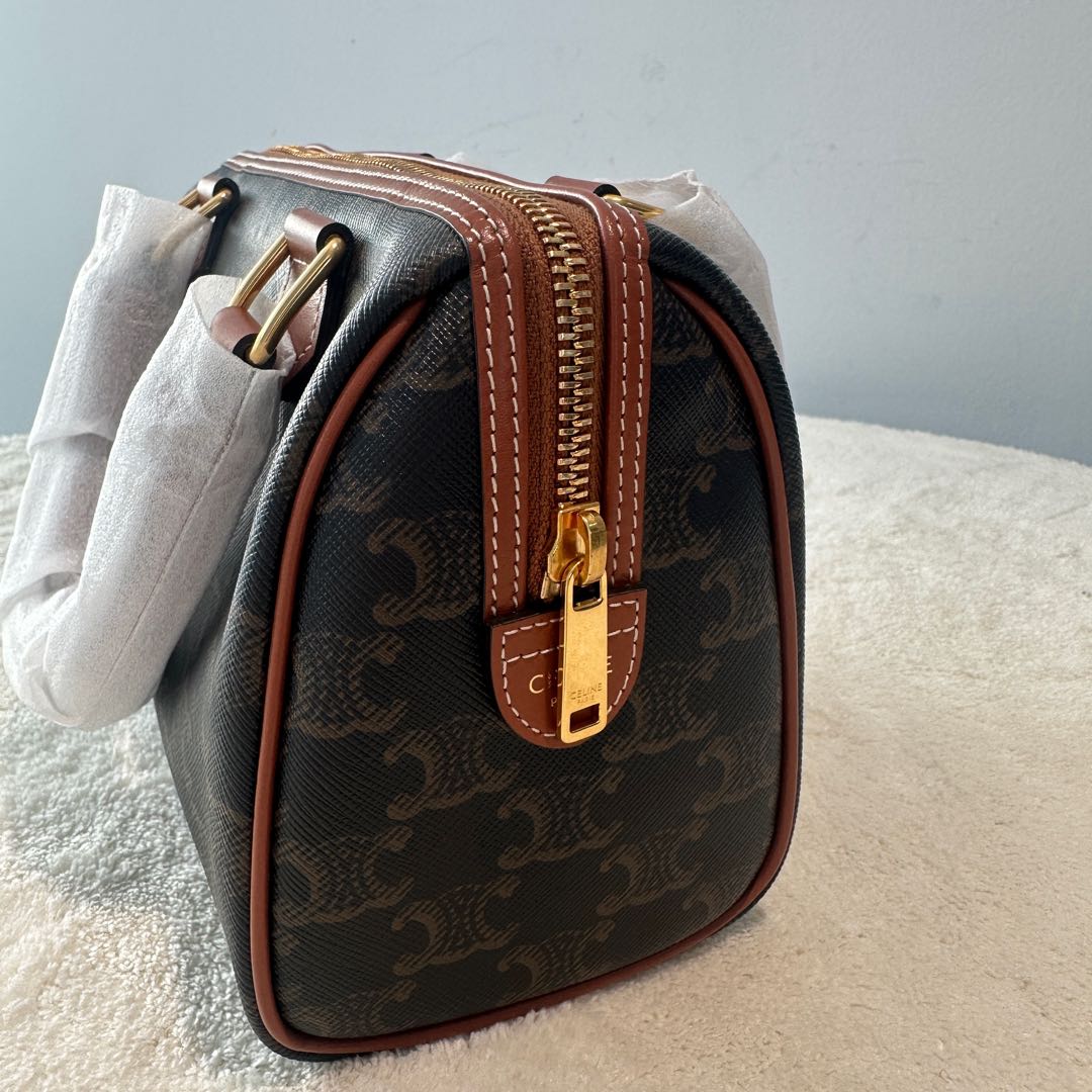 【#224】Pre-owned Celine Small Boston Bag Triomphe Canvas & Tan Calfskin Leather