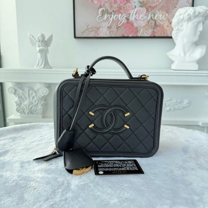【#021】Pre-owned Chanel Vanity Case Medium Black Grained Caviar Leather Handbag HZ260121018