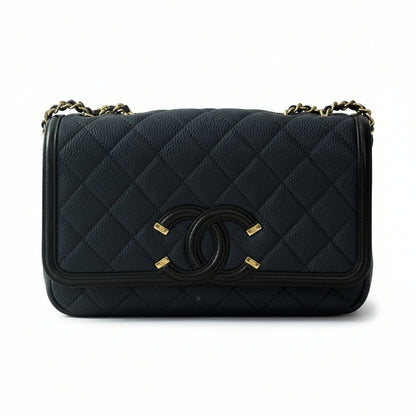 【#023】Pre-owned Chanel Mademoiselle Medium Navy Blue & Black Grained Caviar Leather Shoulder Bag HZ251204018