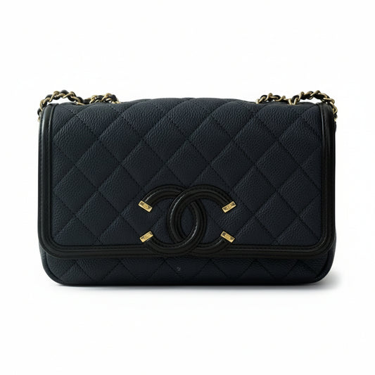 【#023】Pre-owned Chanel Mademoiselle Medium Navy Blue & Black Grained Caviar Leather Shoulder Bag HZ251204018