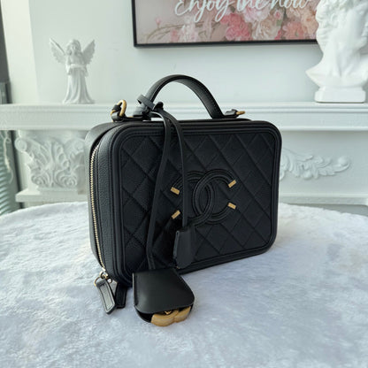 【#021】Pre-owned Chanel Vanity Case Medium Black Grained Caviar Leather Handbag HZ260121018