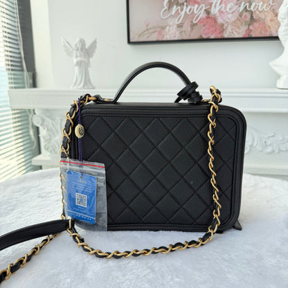 【#021】Pre-owned Chanel Vanity Case Medium Black Grained Caviar Leather Handbag HZ260121018