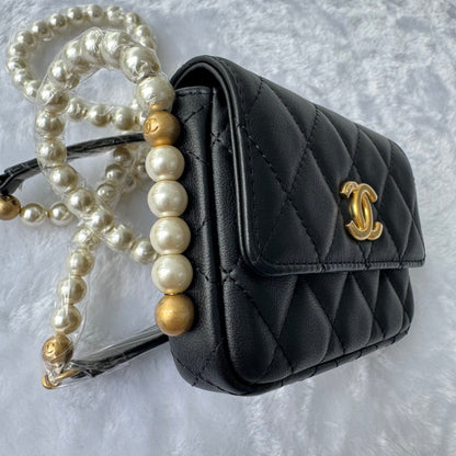 【#025】Pre-owned Chanel Mini Classic Flap Black Leather Pearl Chain Shoulder Bag HZ251106021