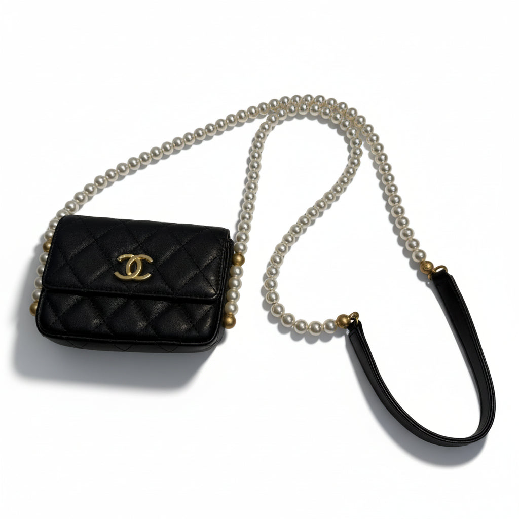 【#025】Pre-owned Chanel Mini Classic Flap Black Leather Pearl Chain Shoulder Bag HZ251106021