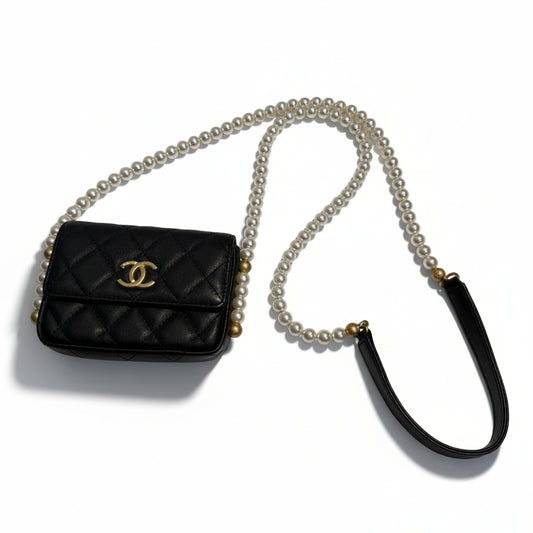 【#025】Pre-owned Chanel Mini Classic Flap Black Leather Pearl Chain Shoulder Bag HZ251106021