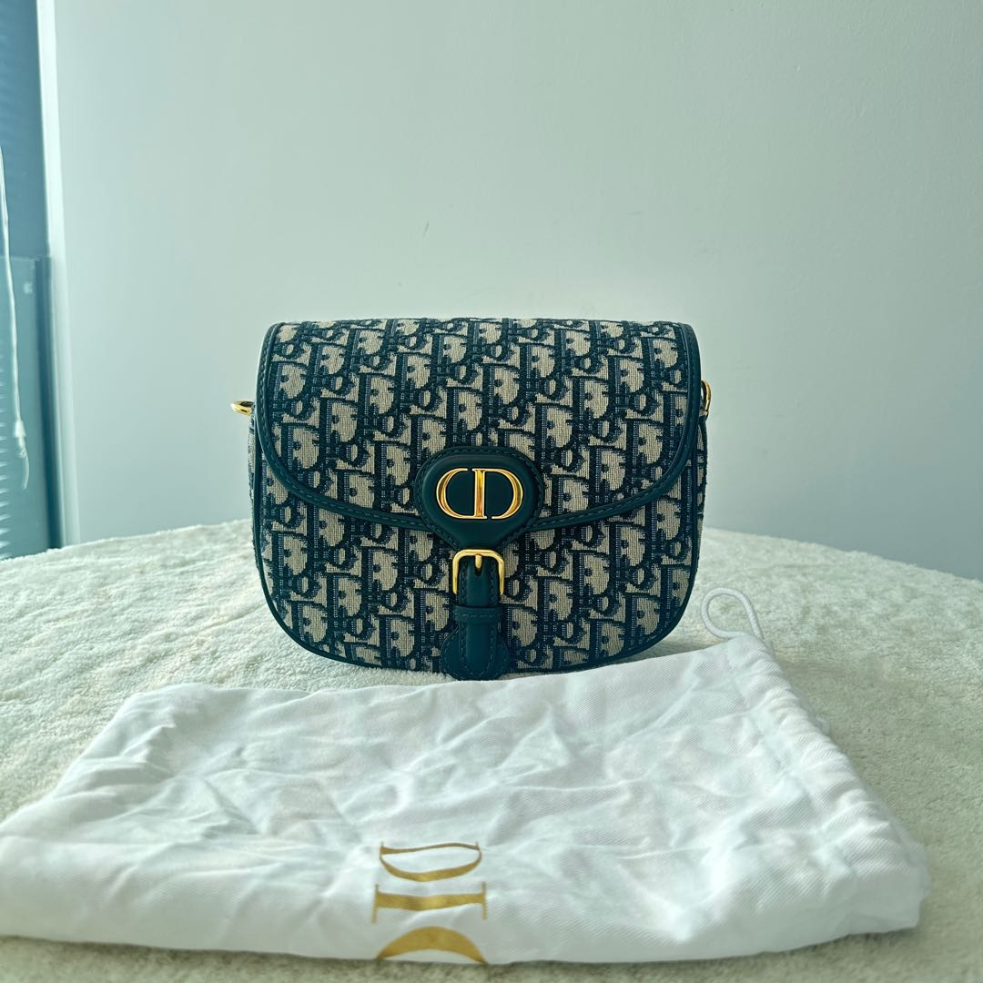 【#149】Pre-owned Dior Bobby Medium Beige, Blue and Black Oblique Canvas with Leather Trim Gold Hardware Crossbody Bag HZ2512030&&