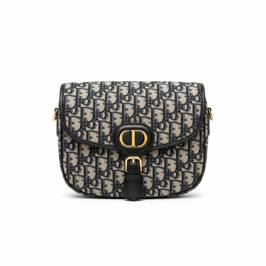 【#149】Pre-owned Dior Bobby Medium Beige, Blue and Black Oblique Canvas with Leather Trim Gold Hardware Crossbody Bag HZ2512030&&