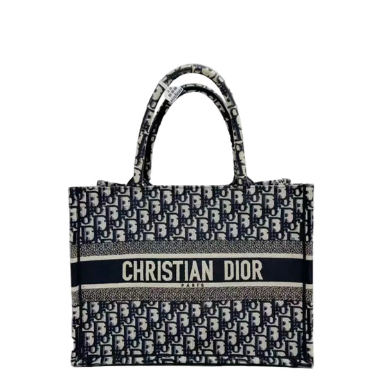 【#152】Pre-owned Dior Book Tote Medium Beige and Blue Oblique Canvas with Embroidered Logo Tote Bag HZ2507150&&