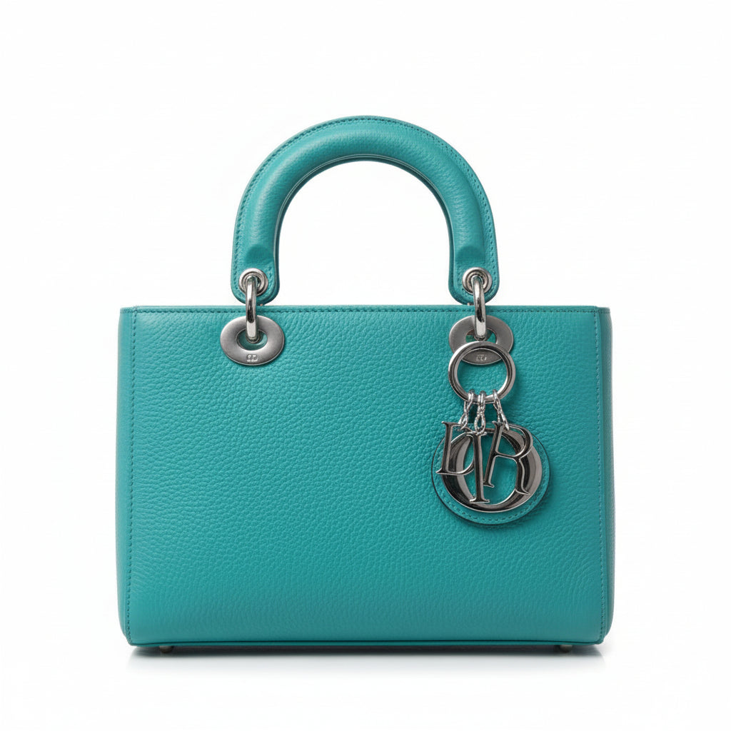 【#136】Pre-owned Dior Diorissimo Small Light Blue Calfskin Leather with Silver Charm Shoulder Bag / Tote Bag HZ260208&&