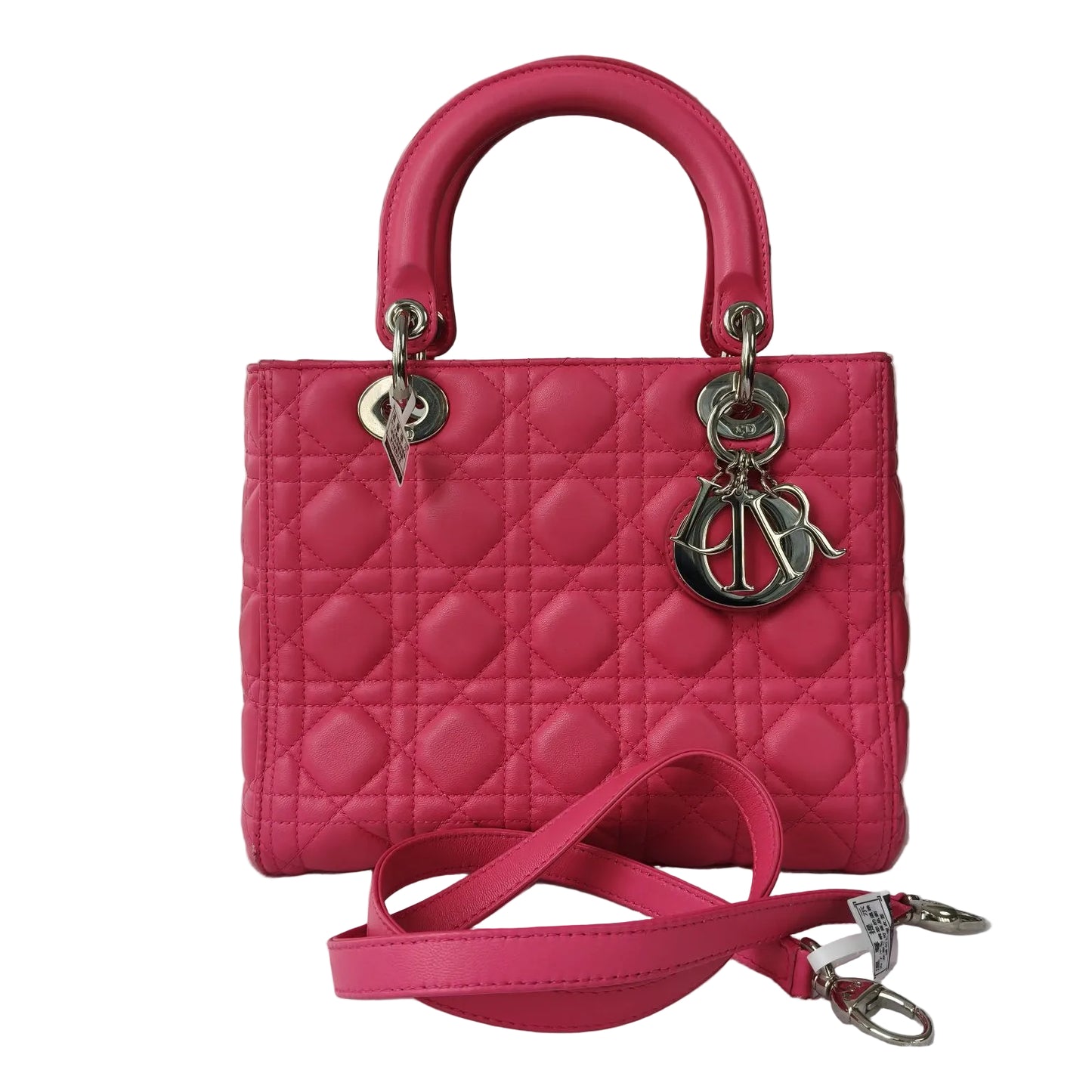【#135】Pre-owned Dior Lady Dior Medium Hot Pink Lambskin with Silver Charm Shoulder Bag HZ260306&&