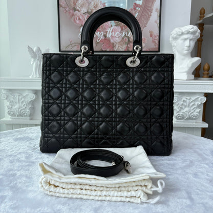 【#154】Pre-owned Dior Lady Dior Large Black Cannage Lambskin Silver Hardware Shoulder Bag HZ250515010